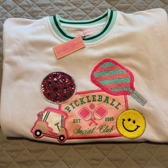 Simply Southern Tops - Simply Southern Pickleball Embroidered Crewneck with Pink, Green & White